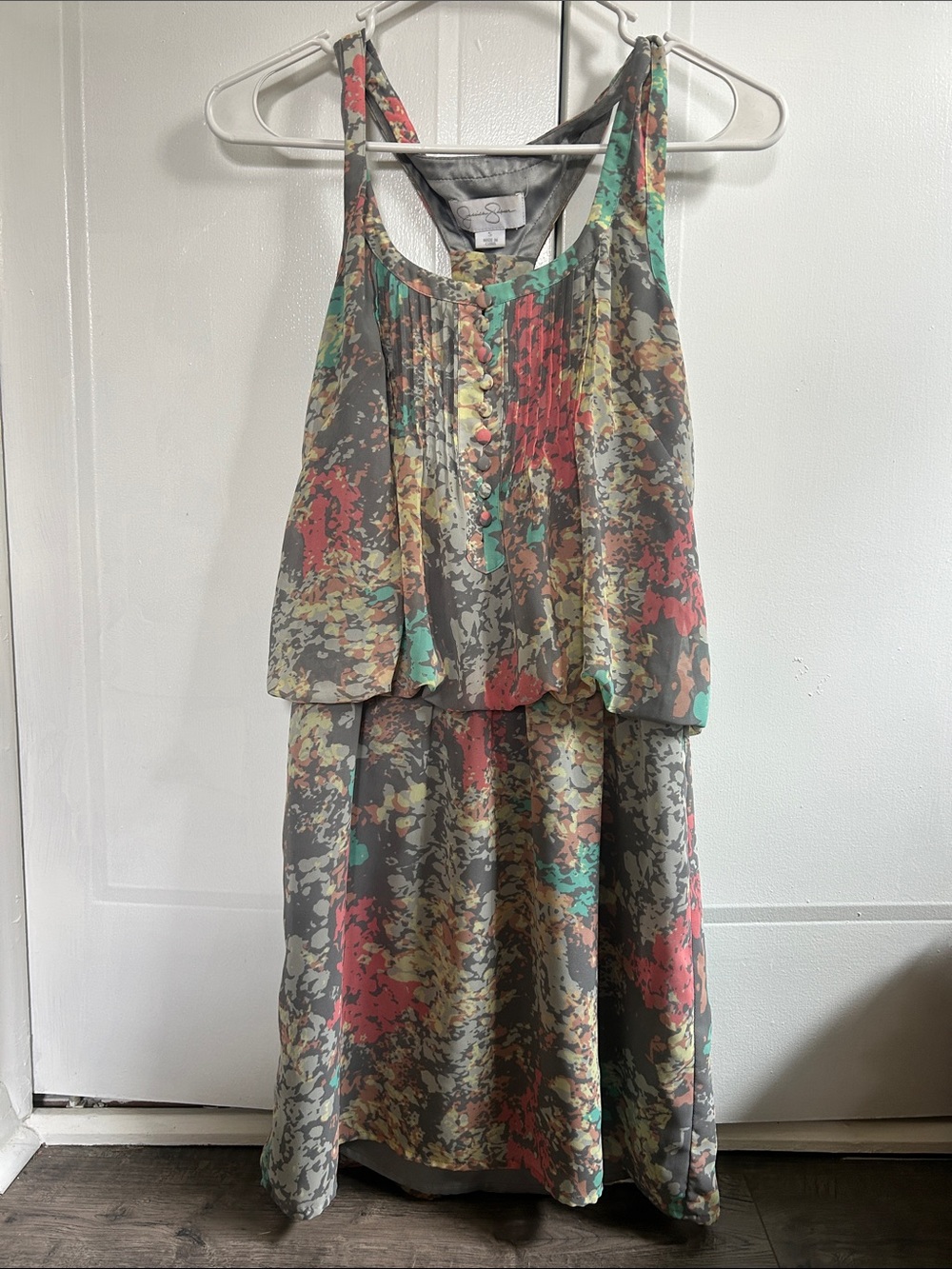 Jessica Simpson Gray Floral Midi Dress with Coral & Teal Accents